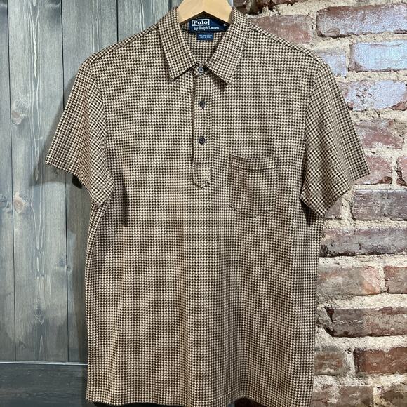 Polo by Ralph Lauren 100% Pima Cotton Houndstooth Tan & Brown Polo Mens Sz M - Picture 1 of 6